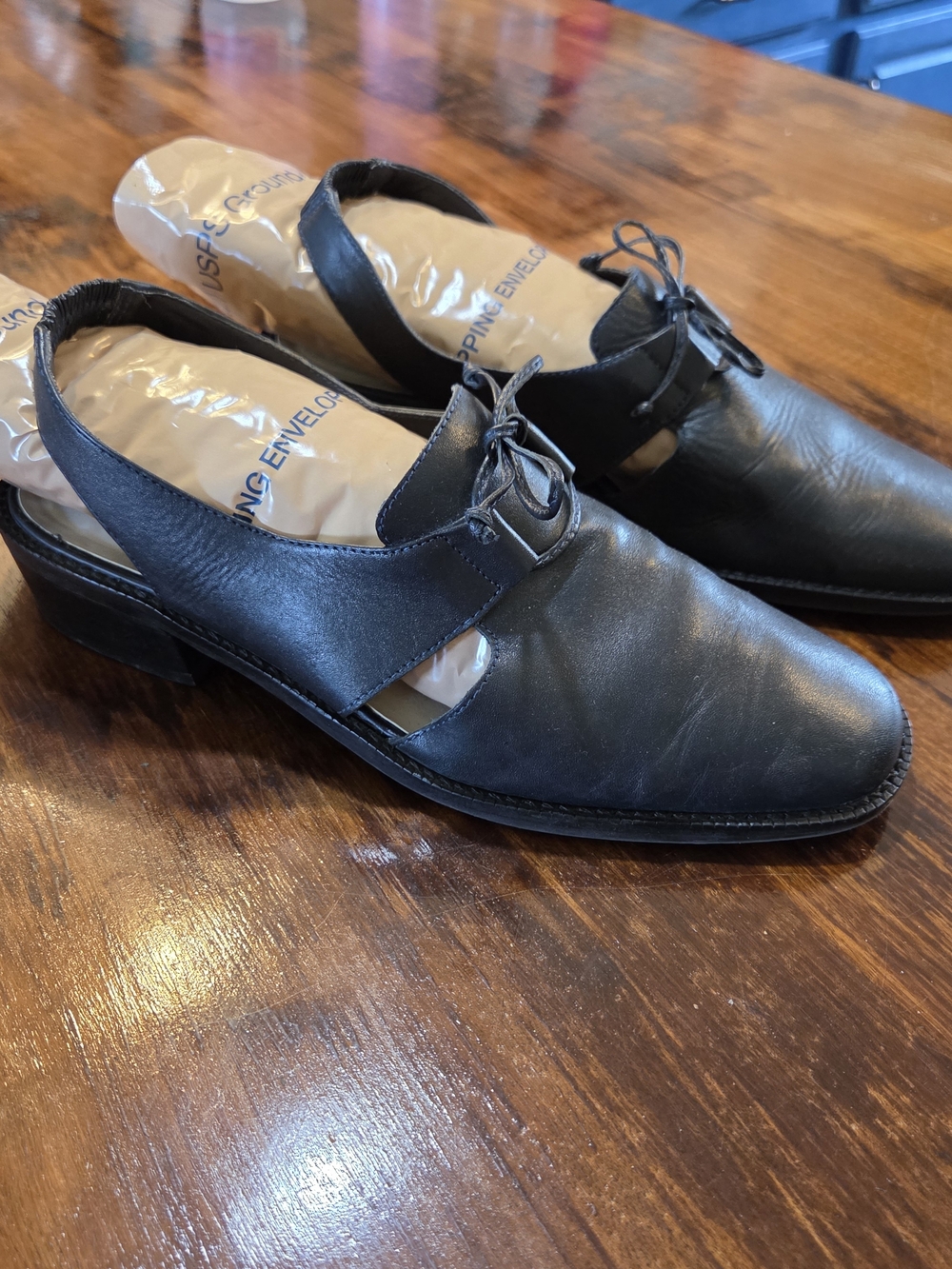 Navy blue Leather Sling Back Mary Jane Block Heels Size 8 preppy 90s dark academ